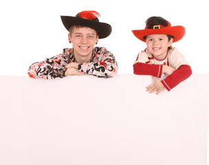 Two brother with white banner.