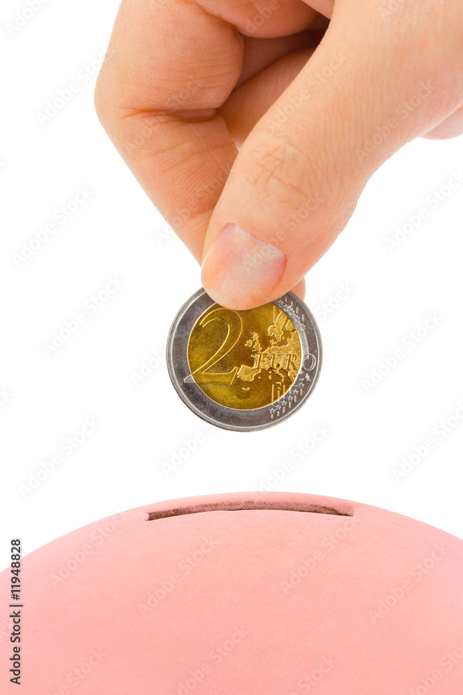 Sticker hand with coin and piggy bank