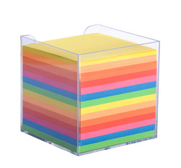 Stack of multicolored notes  in a plastic box