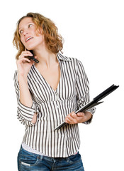 Young smiling businesswoman  with  folder and mobile telephone