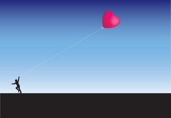 Running across the horizon with a heart kite balloon