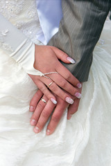Hands of the groom and the bride with wedding rings