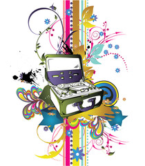 abstract illustration with floral, grunge and tape recorder
