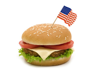 Tasty hamburger with flag on white background