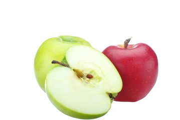 Red and green apples on white