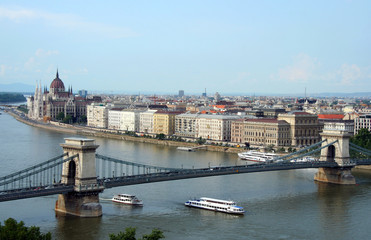 Budapest Chain Bridge over Danube with boats