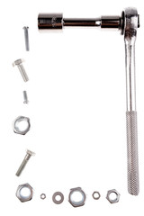 Wrench, nuts and bolts isolated over white