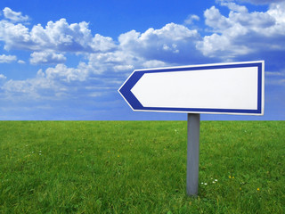 Blank arrow sign pointing left, blue sky and green grass
