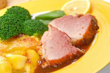 Schweinebraten mit Bratkartoffeln und Brokkoli