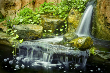 Japanese garden waterfalls, slow shutter.