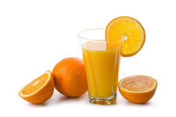 oranges and glass of orange juice isolated