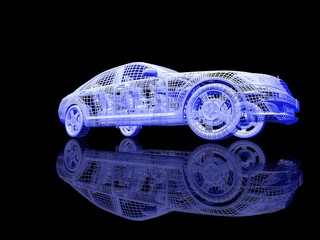 Car model on black background with reflection