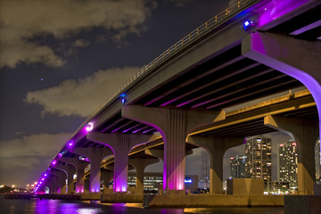 Miami downtown and bridge at night