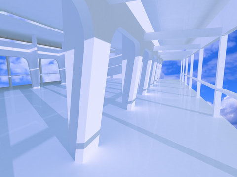 3d large blue hall with galleries