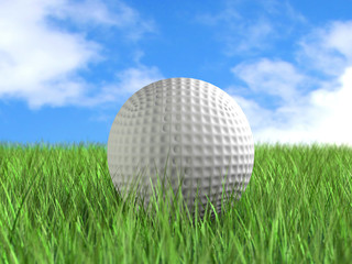 Illustration of golf ball laying in green grass under blue sky