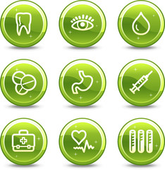 Medicine web icons, green glossy circle buttons series