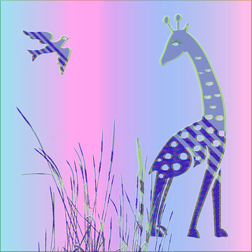 Giraffe and Bird - Wilderness - Sunset