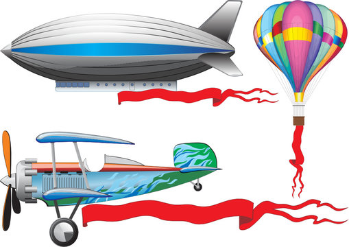 An old airplane, a balloon and airship