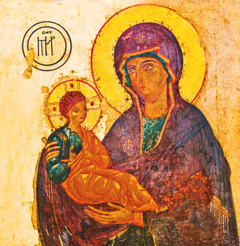 Antique orthodox icon mary and christ