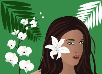 Foto op Canvas Vectormeisje, tropische bloemen en palmblad © BVDC
