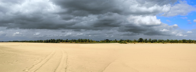 Empty Vistula riverbed - drought. Panoramic view.