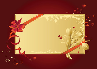 Celebratory card, with red ribbon and flowers with copy space