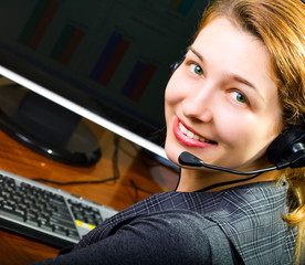 Call center female operator smiling