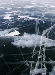 Surface of lake covered with snow and ice