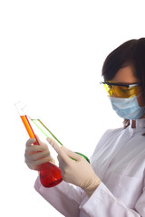 Woman with chemical tubes in the laboratory on white