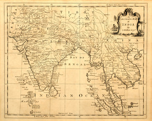 Fototapeta na wymiar Vintage mapę Indii i Azji Południowo-Wschodniej, wydrukowane w 1750 roku.