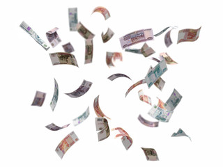 russian rubles falling isolated on white, 3d render with DOF
