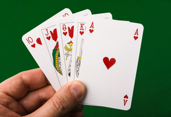 Male Hand Holding Royal Flush on Green Felt