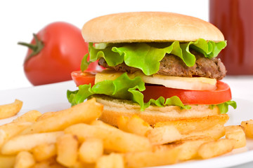 Hamburger with french fries and a drink
