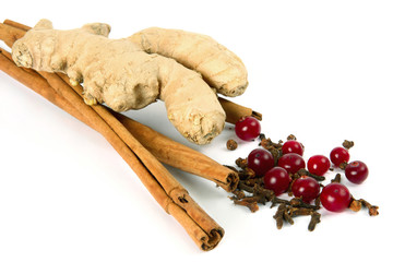 Cinnamon, carnation, ginger root and cranberry.