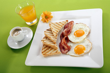 Breakfast - toasts, eggs, bacon