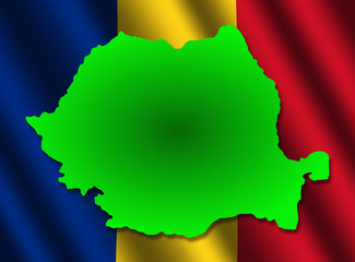 Obraz premium Romania map on rippled flag