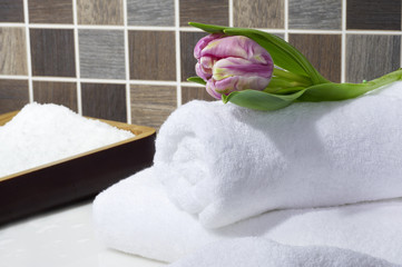 Handtuch Stapel mit Tulpe und Sauna Salz