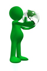 little green friend holding earth