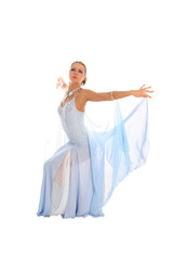 blonde dancer in classical blue-white dress