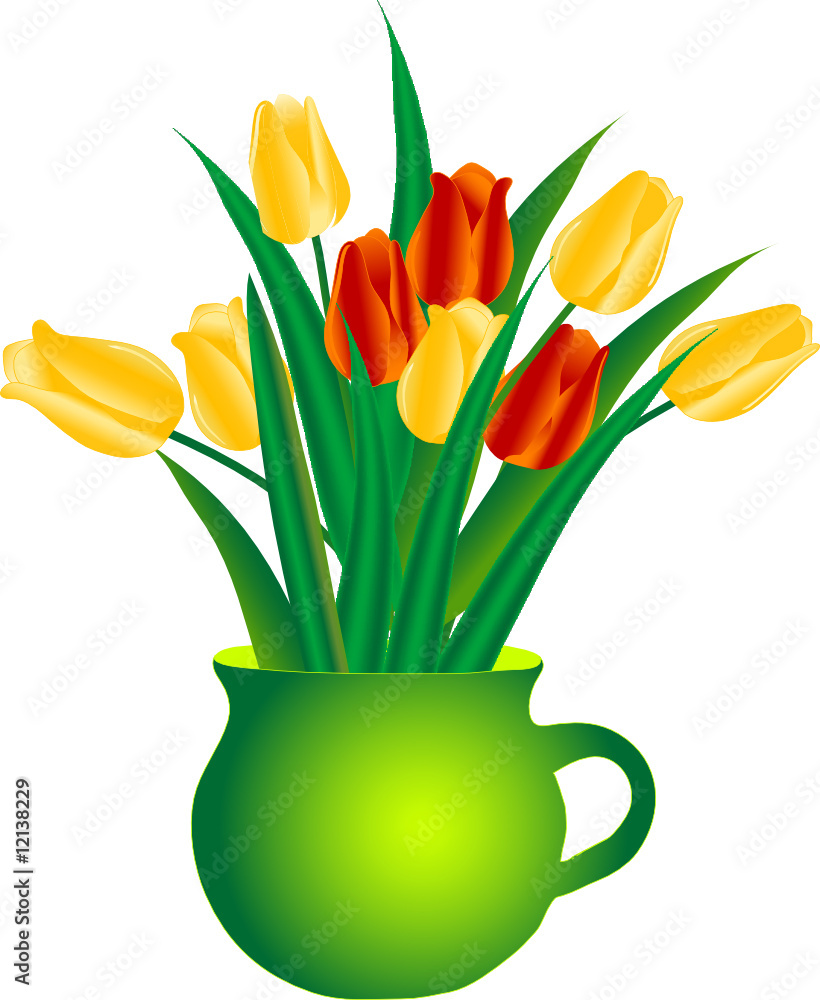 Sticker bouquet of tulips in teapot