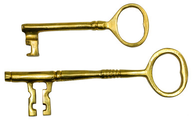 Two gold, skeleton keys on a white background.