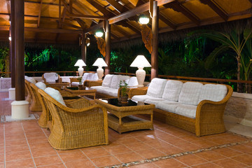 Interior of tropical hotel lobby reception