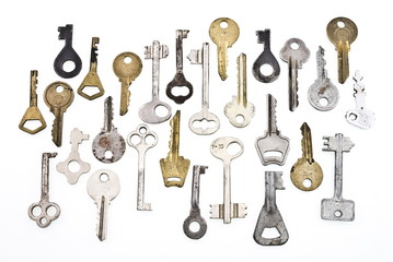 set of old keys isolated on white background