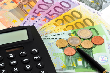 Taschenrechner, Tischrechner, Geld, Stift