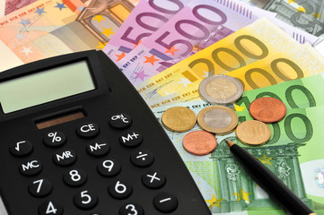 Taschenrechner, Tischrechner, Geld, Stift