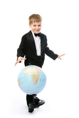 happy schoolboy with a globe