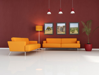 orange couch in modern living room -rendering