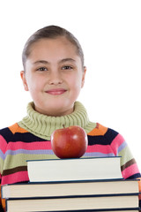 Adorable girl with many books and a apple