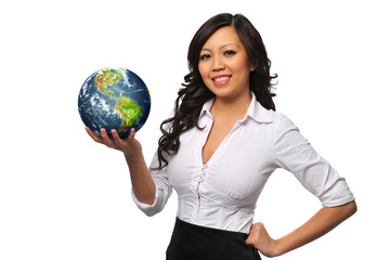 Young beautiful asian bisinesswoman holding the earth