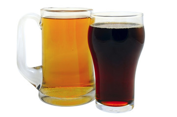 mug with lager and glass with dark beer